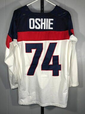 TJ Oshie #74 Nike Team USA Fight Strap Olympic Hockey Blue Jersey Size Medium